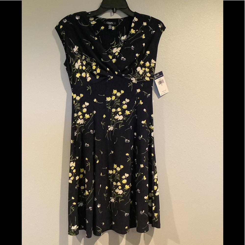Chaps dress, blue with yellow white flowers size small